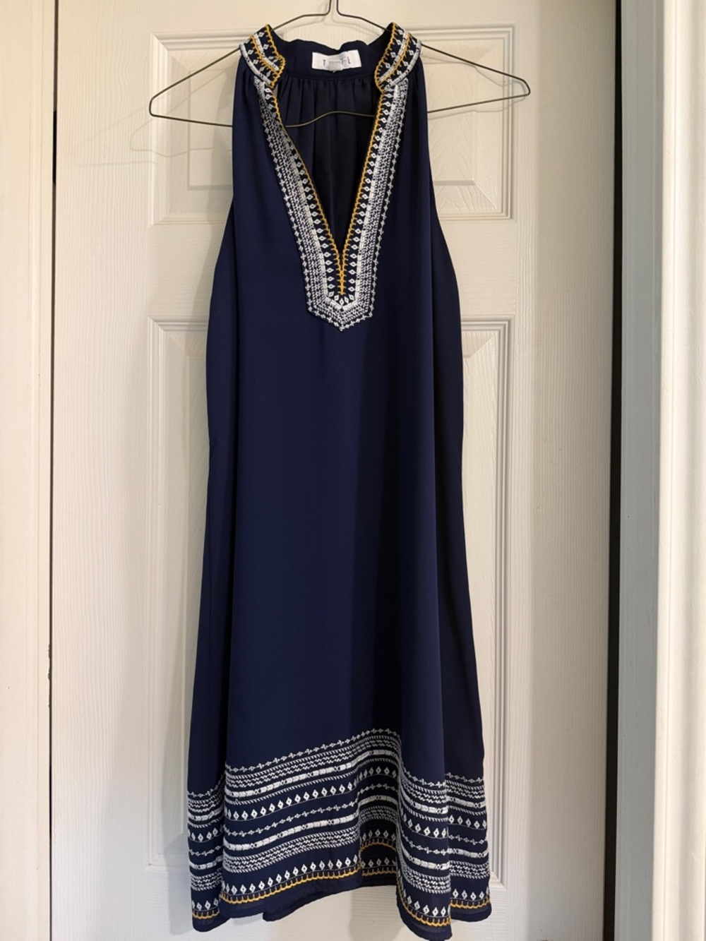 THML Navy Dress with White & Gold Embroidery Trim
